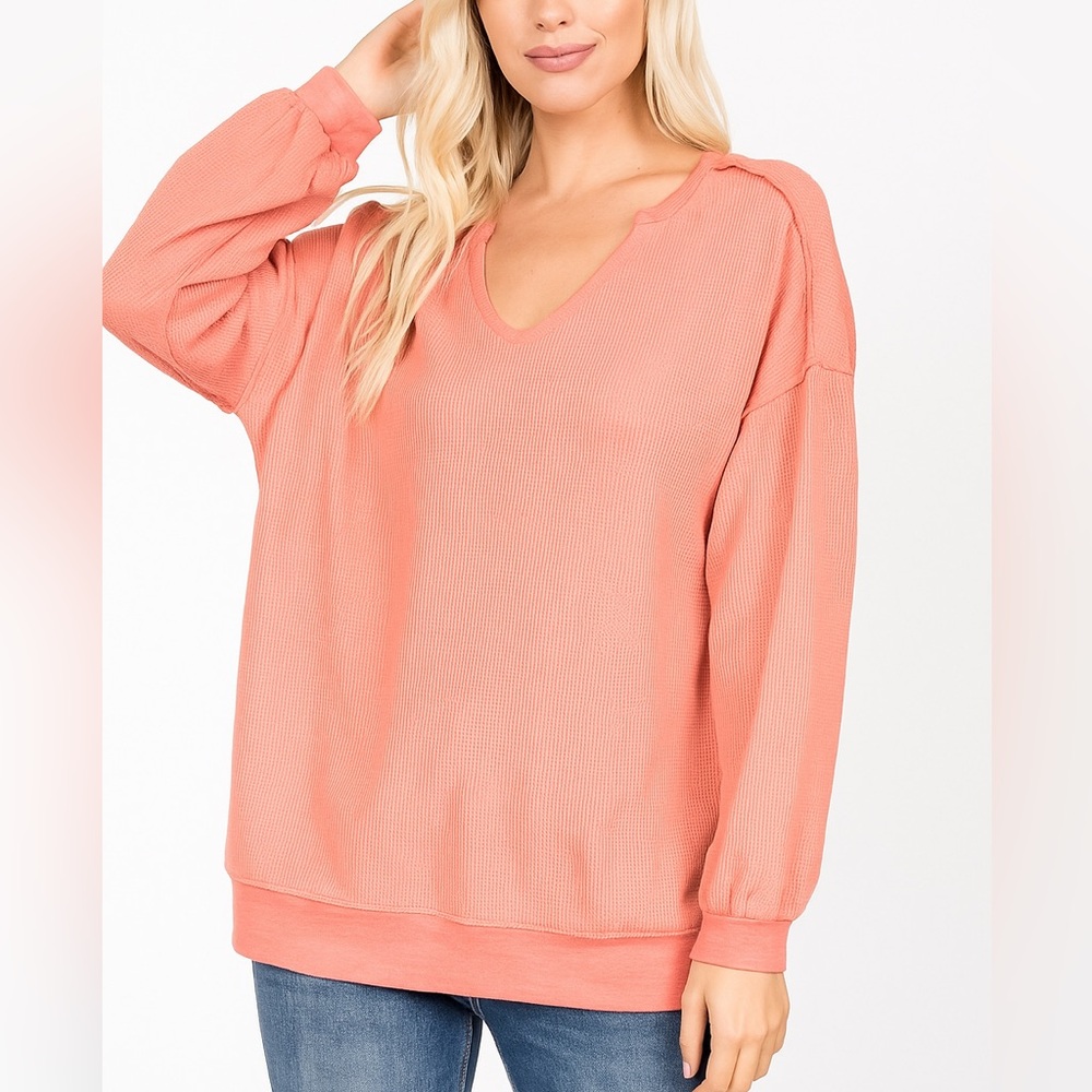 BIBI Coral Pink Long Sleeve V Neck Lightweight Sweatshirt/ Top